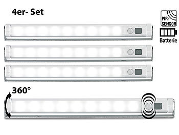 LED Schrankleuchte: Lunartec 4er-Set Schwenkbare Lichtleisten, PIR, 9 SMD-LEDs, tageslichtweiß