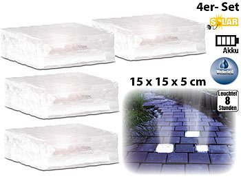 LED Pflasterstein Solar: Lunartec Solar LED Glasbaustein mit Lichtsensor 15 x 15 x 5cm, 4er-Set