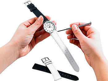 PEARL Armbanduhr mit 2 Leder-Armbändern, schwarz & weiß
