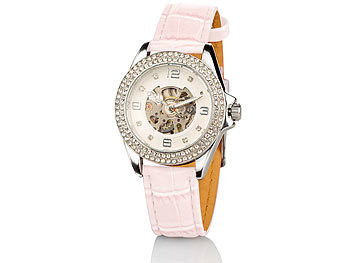 Crell Strassbesetzte Automatik-Armbanduhr für Damen, perlmutt-pink