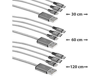 Ladekabel für Handy: Callstel 3er-Set 3in1-Schnellladekabel: Micro-USB, USB-C & Lightning, Textil