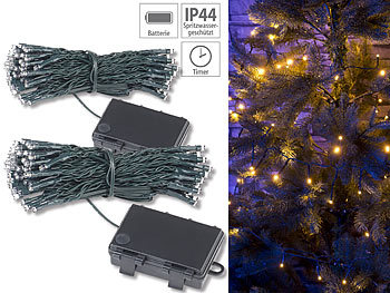 Weihnachtsbeleuchtung: Lunartec 2er-Set LED-Lichterketten mit 100 LEDs, Timer, Batterie, warmweiß, 10m
