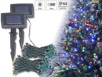 Weihnachtsbaumbeleuchtung kabellos: Lunartec 2er-Set 4-farbige Solar-LED-Lichterketten mit 100 LEDs und Timer, 10 m