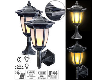 Solarlampen: Lunartec 2er-Set Solar-LED-Stand- & Wandlaternen mit Flammeneffekt, IP44
