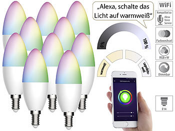 Alexa-Leuchtmittel E14: Luminea Home Control 10er-Set WLAN-LED-Lampe für Amazon Alexa/Google Assistant, E14, 5,5 W