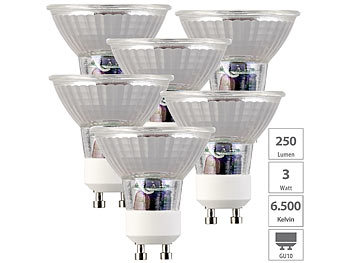 LED Spotlight: Luminea 6er-Set LED-Glas-Spots, GU10, 3W (ersetzt 25W), 250lm, tageslichtweiß