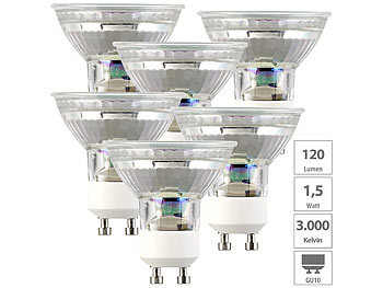 GU10 Leuchtmittel: Luminea 6er-Set LED-Glas-Spots, GU10, 1,5 W (ersetzt 15W), 120 lm, warmweiß