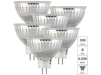 LED Gu5 3: Luminea 6er-Set LED-Glas-Spots, GU5.3, 6W (ersetzt 40W), 500lm, tageslichtweiß