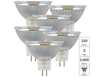 GU 5 3 LED: Luminea 6er-Set LED-Glas-Spots GU5.3, 3W (ersetzt 25W), 250lm, 3000K, warmweiß