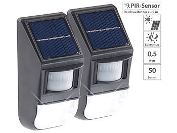 Außenleuchten LED Solar: Lunartec 2er-Set LED-Solar-Wandleuchten, Dämmerungs- & PIR-Bewegungssensor