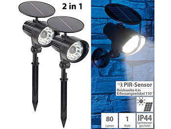 LED Solar Fluter mit Bewegungsmeldern: Royal Gardineer 2er-Set 2in1-Solar-LED-Wand- und Wegeleuchten mit Licht- & PIR-Sensor