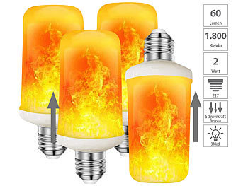 Flammen LED: Luminea 4er-Set LED-Lampen mit Flammeneffekt, 3 Beleuchtungs-Modi, E27, 2 W