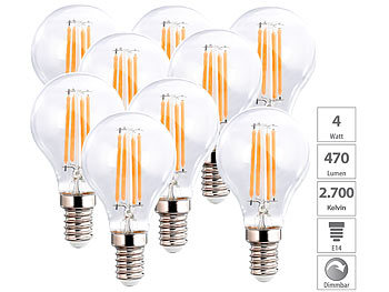 LED E14 warmweiß: Luminea 9er-Set LED-Filament-Lampen, G45, E14, 470 lm, 4 W, 2700 K, dimmbar, E