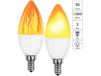Flammenlicht: Luminea 2er-Set LED-Lampen mit Flammeneffekt, 3 Beleuchtungs-Modi, E14, 2 W,