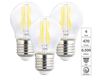 E27 LED-Filament-Birne: Luminea LED-Filament-Lampen im 3er-Set, G45, E27, 470 lm, 4 W, 6500 K, dimmbar