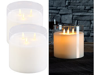 LED Kerze 3 flammig: Britesta 2er-Set LED-Echtwachs-Kerzen im Windglas mit 3 beweglichen Flammen