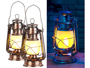 LED Sturmlampe: Lunartec 2er-Set LED-Sturmlaternen mit Flammen-Effekt; 25 cm Höhe; bronzefarben