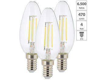 LED Leuctmittel E 14: Luminea 3er-Set LED-Filament-Kerzen, B35, E14, 450 Lumen, 4 Watt, 6500 K