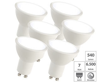 LED Leuchtmittel GU 10: Luminea 6er-Set LED-Spots GU10, 7 Watt, 600 lm, F, 6.500 K, 100°