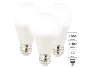 Glühlampen: Luminea 3er-Set LED-Lampe E27, Klasse E, 9 W, tageslichtweiß 6400K, 1.050 lm