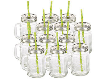 Gläser: PEARL Retro-Trinkglas mit Henkel, Deckel und Trinkhalm, 12er-Set