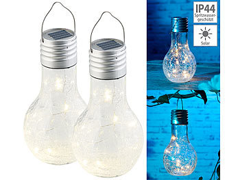 LED Akku Lampe: Lunartec 2er-Set Deko-LED-Glühbirne im Crackle-Glas-Design, Solar-Sensor