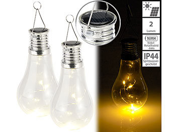 Partylicht: Lunartec 2er-Set Solar-LED-Lampe in Glühbirnen-Form, 3 warmweiße LEDs, 2 lm