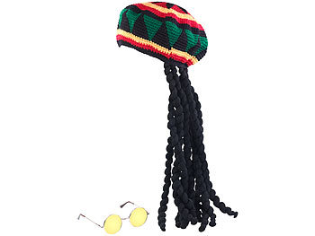 Perücke: infactory Jamaika-Mütze mit Dreadlocks & gelber Brille