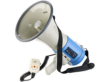 Megaphon: infactory MP3-Megafon mit Voice-Recording, Wiedergabe von USB, SD & AUX, 50 Watt