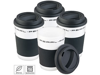 Isolierbecher: PEARL 4er-Set Coffee-to-go-Becher mit Deckel, 350 ml, doppelwandig, BPA-frei
