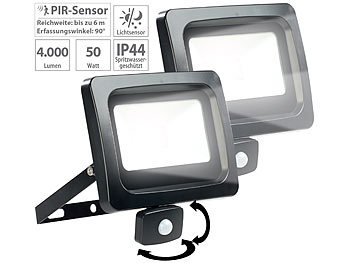 aussen Fluter: Luminea 2er-Set  Mini-LED-Fluter, PIR-Sensor, 50 W, 4.000 lm, tageslichtweiß
