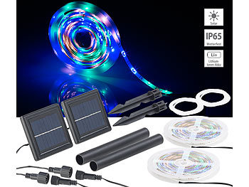 Solar LEDstrip: Lunartec 2er-Set Solar-LED-Streifen, 90 LEDs in Pink, Grün & Blau, 3m, IP65