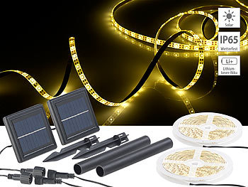 LED Strip Solar: Lunartec 2er-Set Solar-LED-Streifen mit 180 warmweißen LEDs, wetterfest IP65