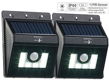 LED Solar Fluter mit Bewegungsmeldern: Lunartec 2er-Set Solar-LED-Wandleuchten mit Bewegungsmelder, Dimm-Funktion
