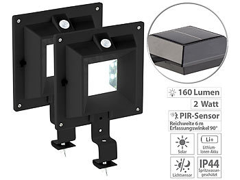 Dachrinnen LED Solar: Lunartec 2er-Set Solar-LED-Dachrinnenleuchten mit PIR-Sensor, 160 lm, schwarz