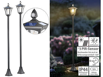 Mastleuchte Solar: Royal Gardineer 2er-Set Solar-LED-Gartenlaternen, PIR-Sensor, Dämmerungssensor, 300 lm