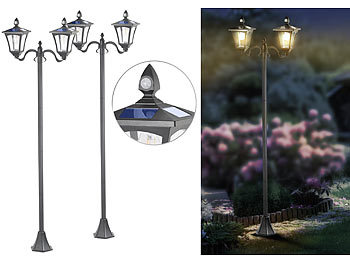 aussen-Solar-Beleuchtung mit Nachtlicht-Funktion: Royal Gardineer 2er-Set Solar-LED-Gartenlaternen, 2 flammig, PIR-Sensor, 600 Lumen