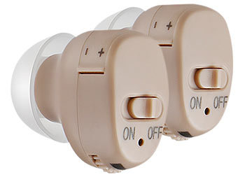 Gehörverstärker: newgen medicals Bügellose ITE-Hörverstärker mit Batterie-Betrieb, 32 dB, 2er-Set
