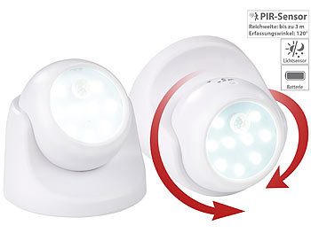 Lampe mit Bewegungsmelder: Luminea 2er-Set kabellose LED-Strahler, Bewegungssensor, 360° drehbar,100 lm
