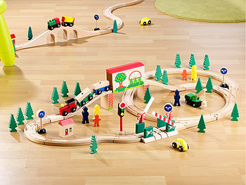 Playtastic Großes Holz-Eisenbahn-Set mit 60 Teilen