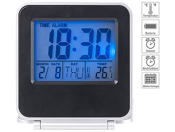 Wecker: PEARL Kompakter Digital-Reisewecker mit Thermometer, Kalender und Timer