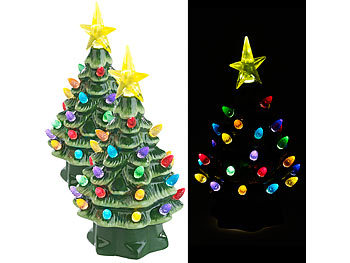 Weihnachtsschmuck: infactory 2 Deko-Weihnachtsbäume aus Keramik mit LED-Beleuchtung, Timer, 19 cm