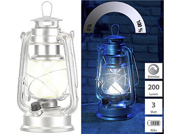 Lampe mit Batterie: Lunartec Dimmbare LED-Sturmlampe, Batterie, 200 lm, 3W, tageslichtweiß, silbern