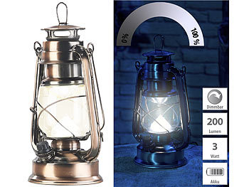 LED Akkuleuchte: Lunartec Ultra helle LED-Sturmlampe mit Akku, 200 Lm, 3W, warmweiß, bronze