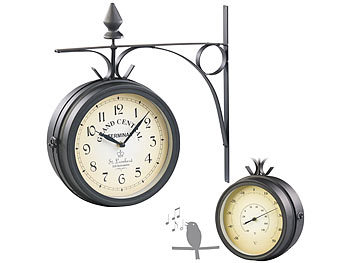Uhr mit Thermometer: St. Leonhard Zweiseitige Retro-Bahnhofsuhr mit Temperaturanzeige und 12 Vogelrufen