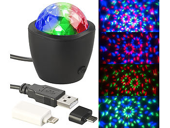USB Disco Light: Lunartec Mini-Disco-Licht, RGB-LED, Akustik-Sensor, für USB- & iPhone-Anschluss