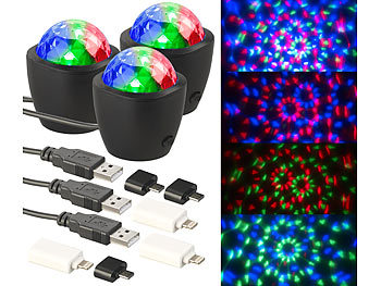Mini Discokugel: Lunartec 3er-Set Mini-RGB-Disco-Licht, Akustik-Sensor, USB- & iPhone-Anschluss