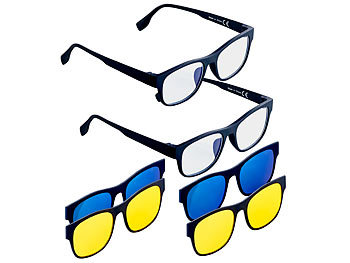 Blaulichtfilterbrille: PEARL 2er-Set 3in1-Bildschirm-Brillen mit Sonnen- und Nachtsicht-Aufsatz