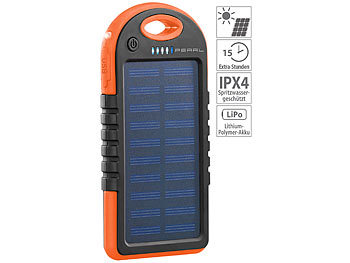 Solar Powerbank mit Licht: PEARL Solar-Powerbank mit Taschenlampe, 3.000 mAh, 2x USB, 1 A, IPX4