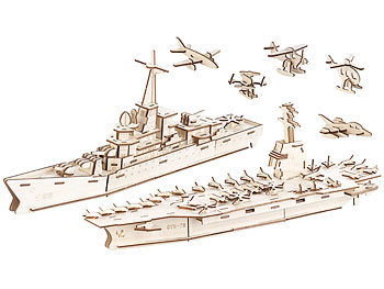 3D-Puzzle Holz: Playtastic 3er-Set 3D-Bausätze Marine-Schiffe & Luftflotte aus Holz, 233-teilig